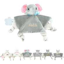 (Style 3) Babydecke mit Namen, 27 x 27 cm, Silikon-Beißring und Rassel, superweiche Plüsch-Schmusedecke, Geschenk für Neugeborene