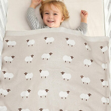 (Khaki) Baby-Strickdecke – weiche Babydecke aus Baumwolle mit niedlichem Schafmuster, Kinderwagenbezug und