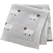 (Gray) Baby-Strickdecke – weiche Babydecke aus Baumwolle mit niedlichem Schafmuster, Kinderwagenbezug und