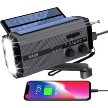 Rádio de emergência compacto com painéis solares duplos, bateria externa recarregável de 5000mAh, lanterna LED, luz de leitura e carregador de