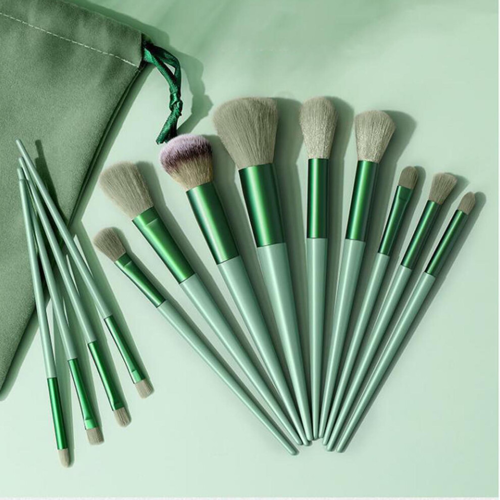 Green 13Pcs Synthetic Fiber Makeup Brushes Set, Fluffy,