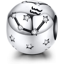 Kraalbedeltje voor ketting en armband, sterrenbeeld Waterman in 925 sterling zilver met geboortesteenbedeltjes, ingelegd met heldere zirkonia,
