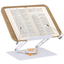 Book Stand Adjustable 360 Degree Swivel Base, Foldable Cookbook Stand With Elastic Page Clips Space Saving White