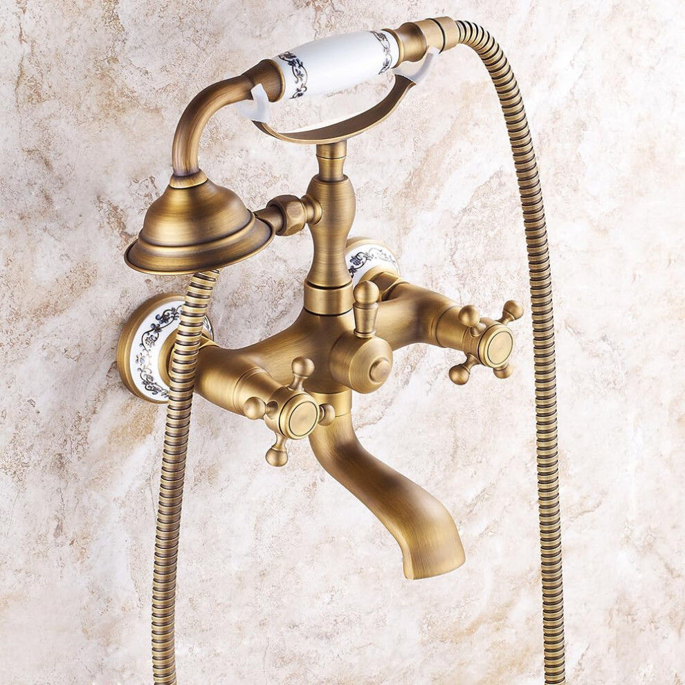 Wall Mounted Bath Mixer Taps With Shower Head Durable Double Lever Brass Antique Finish 9189345135996