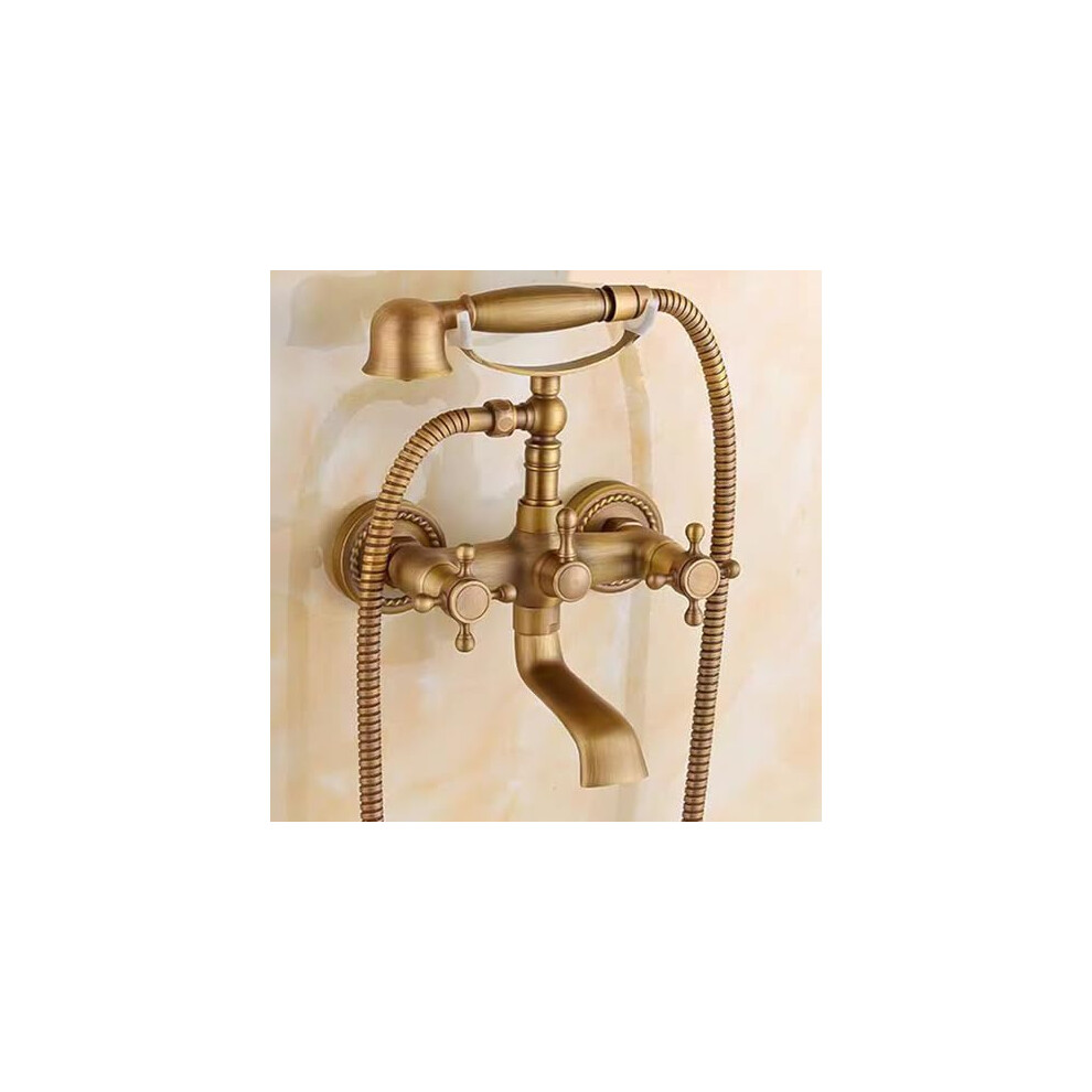 Vintage Bath Mixer Tap With Shower Head, Wall Mounted, Double Cross Handles, Hose, Antique Finish 9189345136597
