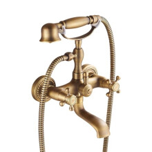 Vintage Brass Wall Mounted Bath Shower Mixer Tap with Dual Cross Handles and Flexible Hose