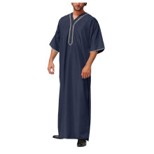 Men's Cotton Linen Kaftan Robe Short Sleeve Islamic Arabic Tunic Summer Wear Navy L