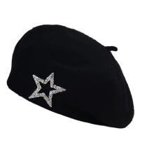 Five Point Star Decors Acrylic Fabric Beret Hat Winter-Black