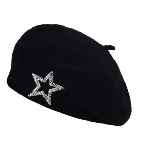 Five Point Star Decors Acrylic Fabric Beret Hat Winter-Black