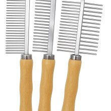 Set of 3 Stainless Steel Combs with Wooden Bamboo Handle, Grooming Tool Set for Dogs, Cats, and Other Animals