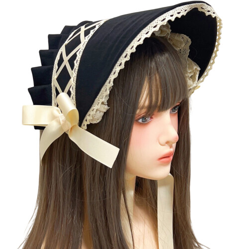 Lace Bowknot Bonnet Hat Comfortable Costume Hat Cosplay-Black