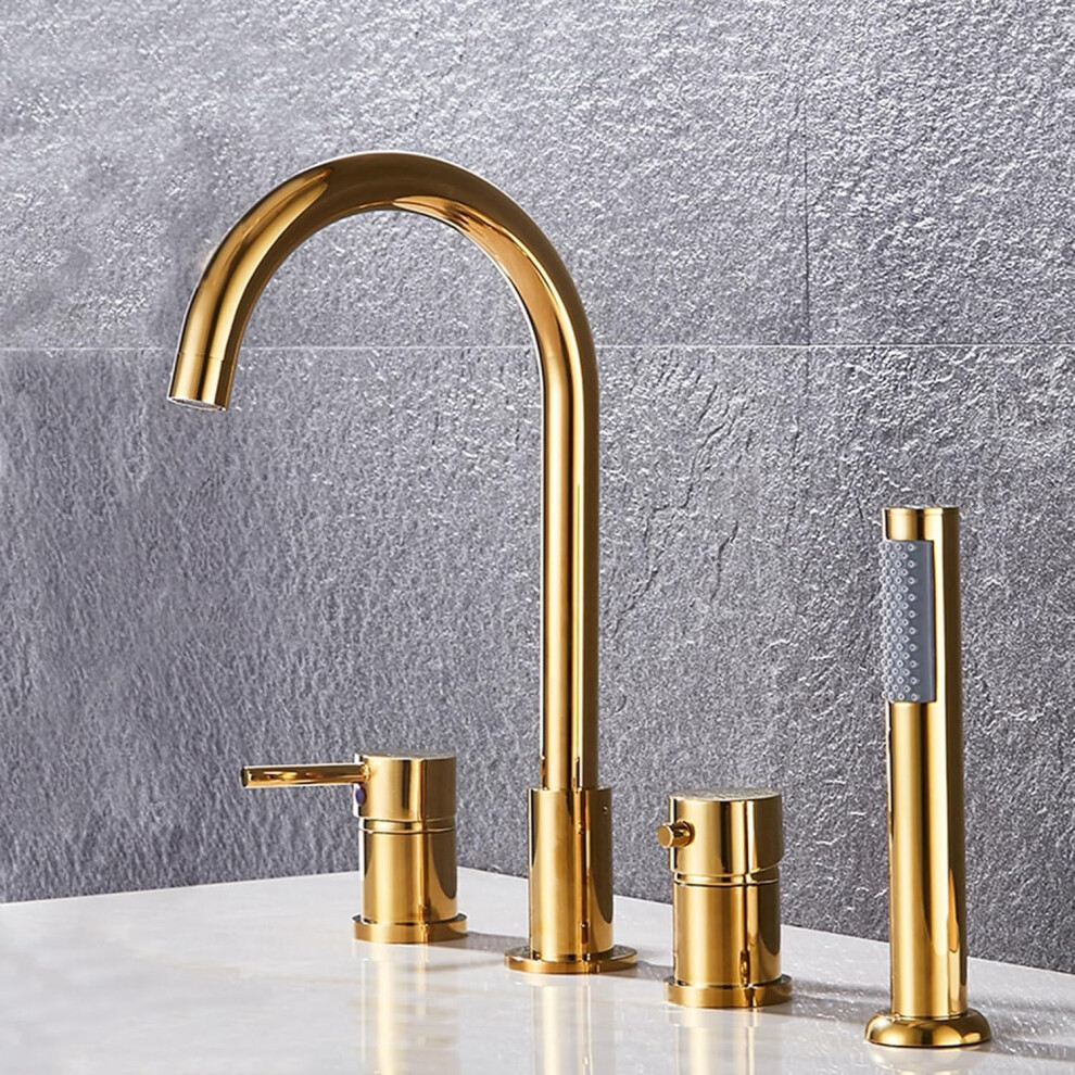 Deck Mount Bath Mixer Tap With Shower Attachment, 4Hole, Black And Gold 9189345137686
