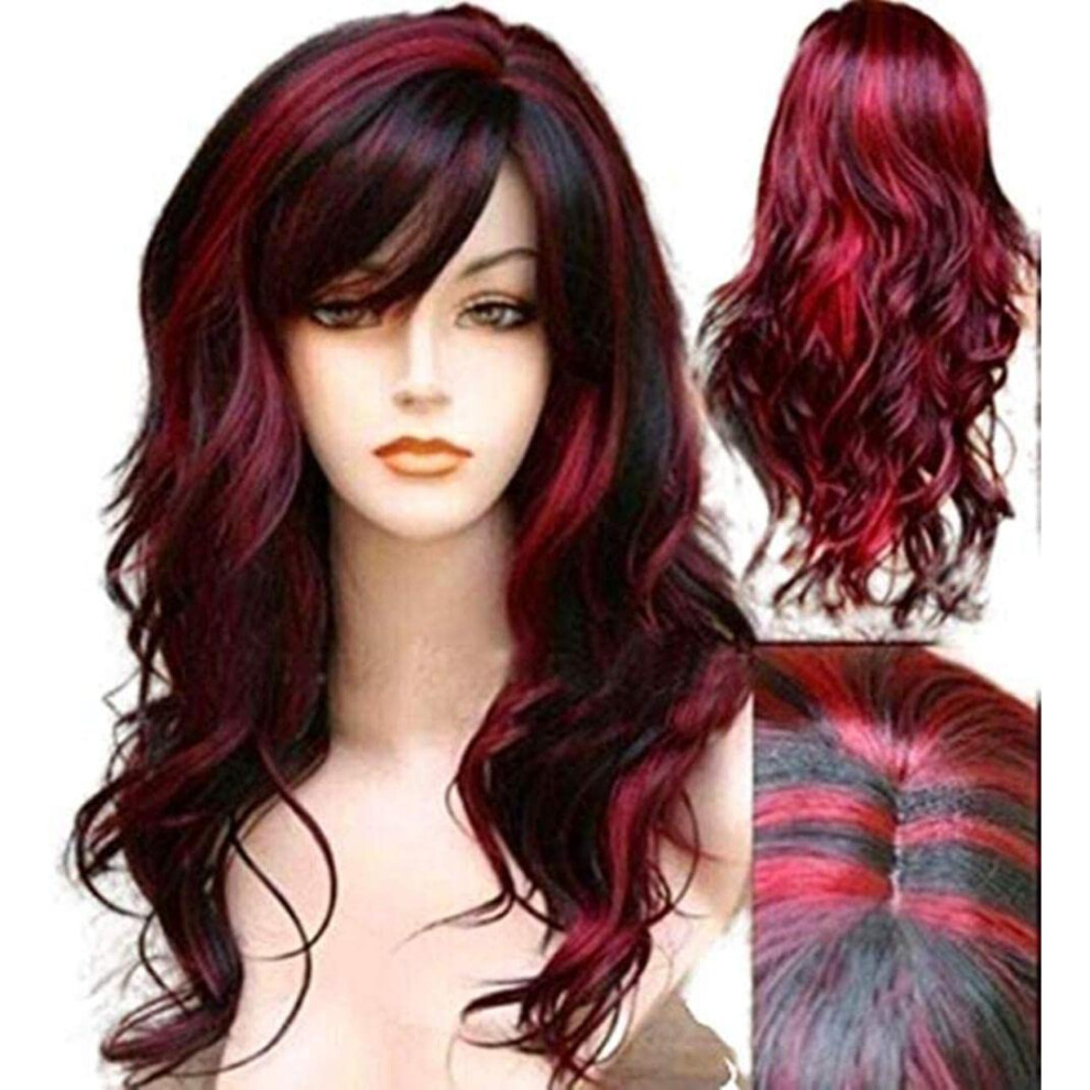 Unisex Black,Red Red And Black Wig Short Curly Wig With Bangs, Synthetic Fiber, Wavy Cosplay Halloween Hair For Women