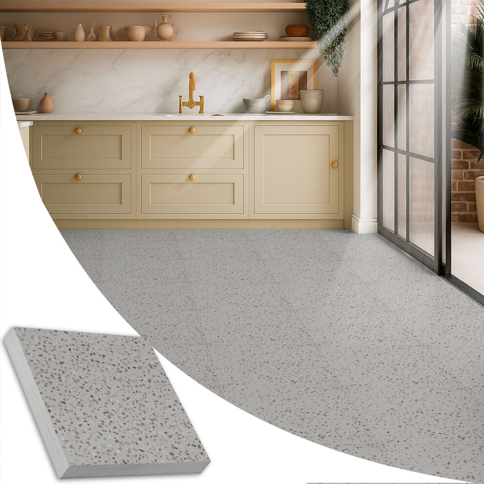 (Dark Grey Terrazzo, 10) Vinyl Floor Tiles Self Adhesive - Vinyl Flooring Peel And Stick Floor Tile - Speckled Terrazzo 5061064156428
