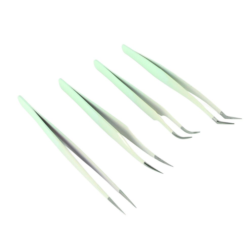 Green 4Pcs Stainless Steel Eyelash Tweezers Set For Home Salon