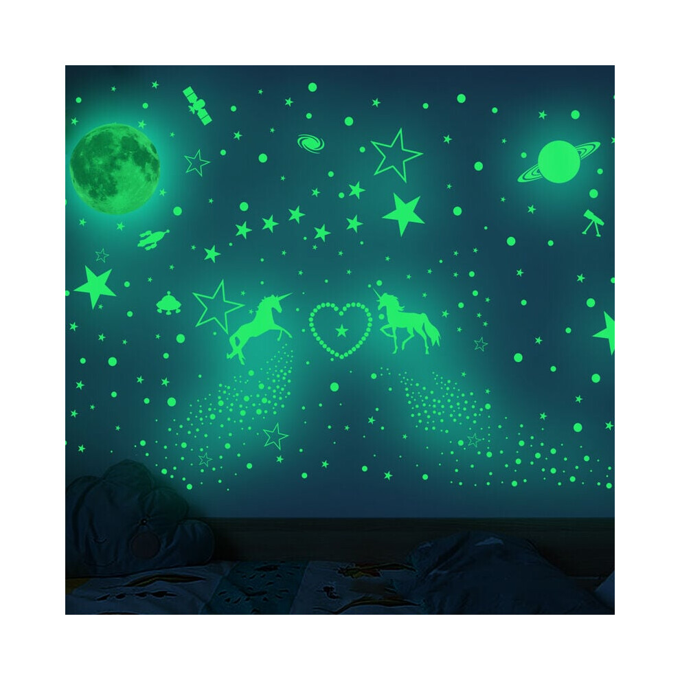 Space Theme Elements Wall Decor, Glow In The Stars For Bedroom Ceiling, Stars & Moon Galaxy Space Wall Decals With Fluorescent Glow, Kids Room De Dark
