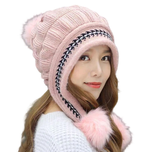 Bonnets tricotés à double pompons avec protection-Rose 1