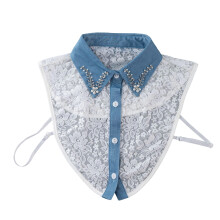 Faux col en dentelle avec strass,-Contrôle blanc et bleu
