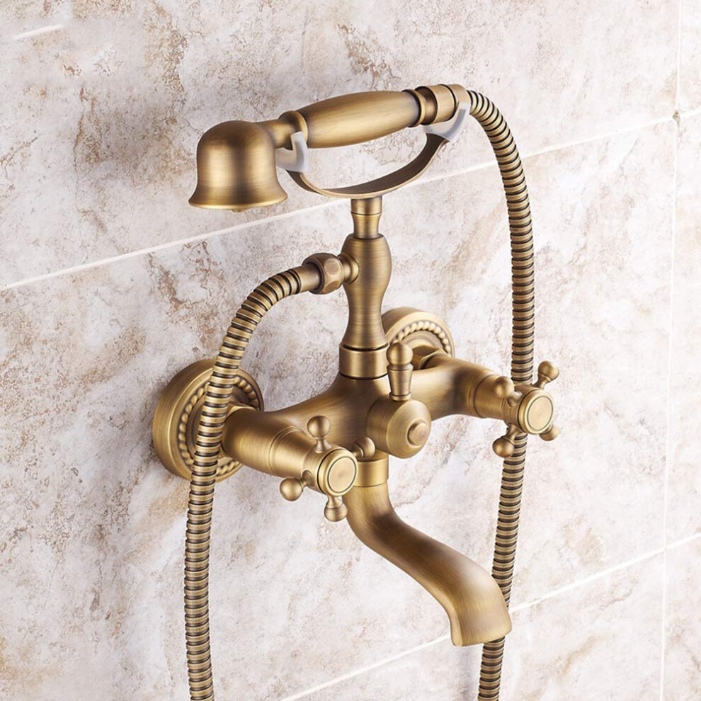 Retro Copper Wall Mounted Bath Shower Mixer Tap With Handheld Hose And Holder For Bathtub 9187378476826