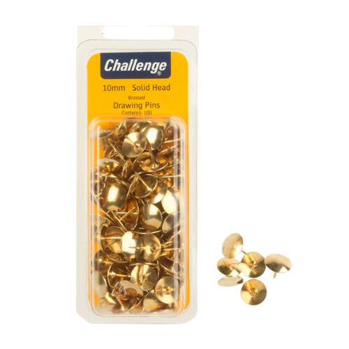 Challenge Challenge Brass Plated Solid Head Drawing Pins Clam Pack 100pk