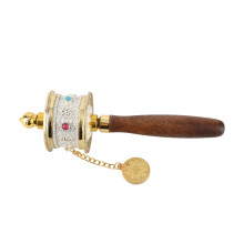 Silver Tibetan Hand Held Prayer Wheel with 6 Words Mantra & Double Bearings