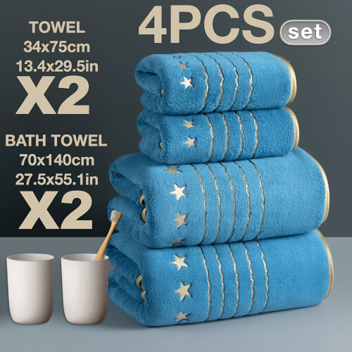 (Peacock Blue) Ultra Soft Golden Thread 4pcs Set Light Luxury Five-Star Embroidery Towel Bath Towel Set, 2pcs 27.5 x 55.1 Inches Bath