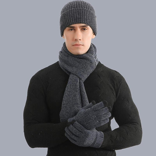 (Navy) Winter Warm Men's Wool Beanie Hat Scarf Gloves Set
