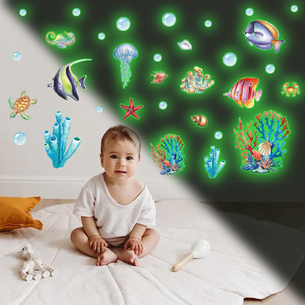 Kids Bedroom Decor Wall Art, Glow In The Ocean Wall Stickers With Long-Lasting Glow Effect, Luminous Removable Under The Sea Wall Decals Featurin Dark
