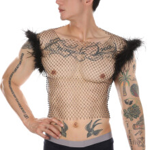 Mesh Shirt Men's Fishnet Sexy Transparent Cropped Shirt Transparent Split Vest Mesh Clubwear Tops Mesh Shirt Undershirts Underwear 57 Black