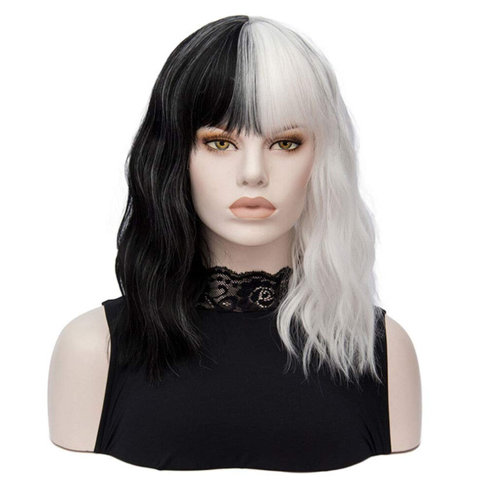 Black And White Wig With Bangs, Short Curly Bob, Synthetic Cosplay Wig For Women, Halloween Christmas, Low Maintenance