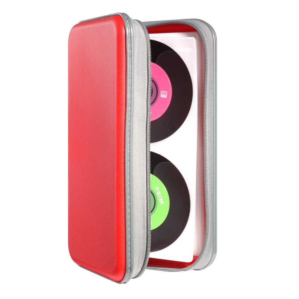 96 Capacity Cd/Dvd Case Holder, Hard Plastic Organizer Wallet For Cds And Dvds, Protective Storage In Color Red 9189345140822