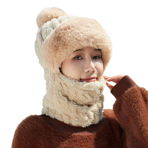 Winterwärme-Strickmütze mit Schal-Gesichtsabdeckung,-Beige