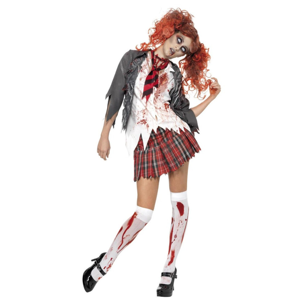 Smiffy's (Xs, Grey/White/Red) Womens/Ladies High School Horror Zombie School Girl Costume Set