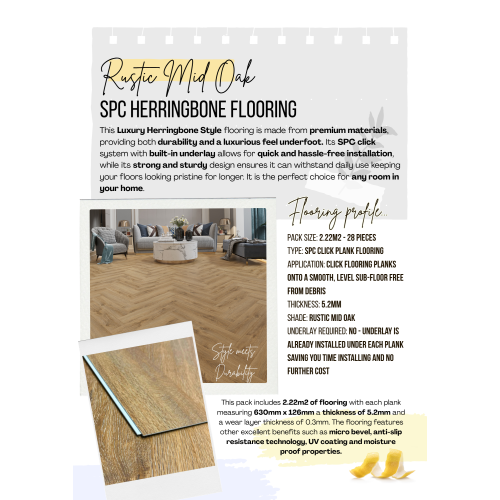 Herringbone Style SPC Click Plank Flooring Underlay Attached - Rustic Mid Oak 2