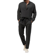 Linen Suit Men's Summer 2Piece VNeck TShirts With Linen Trousers Set Black Size L