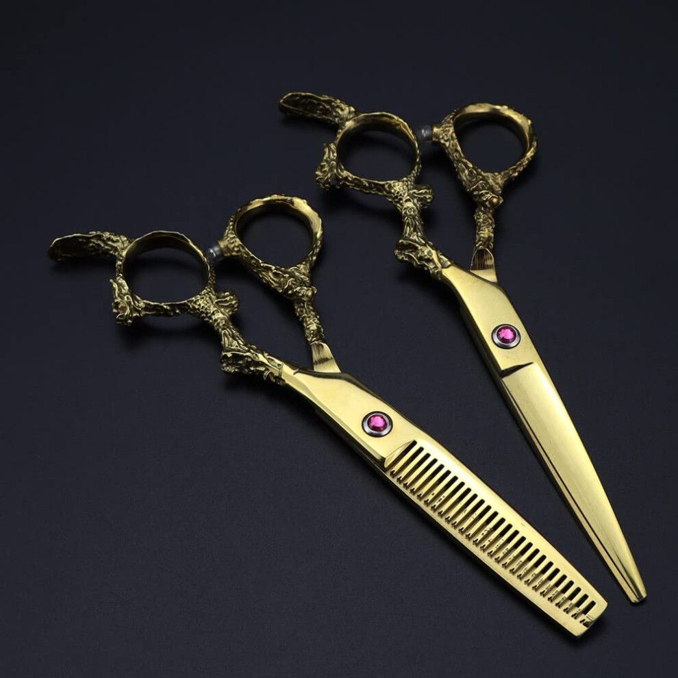 Golden Hairdressing Scissors, 6 Inches, Japanese 440C Steel, Dragon Handle (Color: Set)