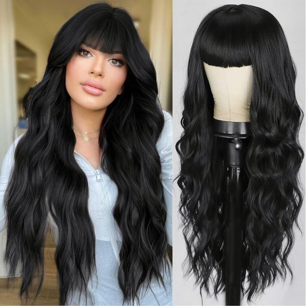 Unisex Black Long Wig With Bangs 26 Inch Curly Wavy Hair Naturallooking Heatresistant Fiber Wig Halloween Party Use