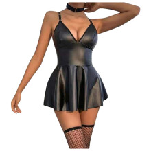 Women's seductive harness lingerie dress with adjustable straps, faux leather skirt for women's lingerie, large sizes 50, black, S