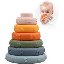 Brinquedo de anéis para desenvolvimento da coordenação motora fina durante a dentição, com sistema de empilhamento e encaixe, ideal para a
