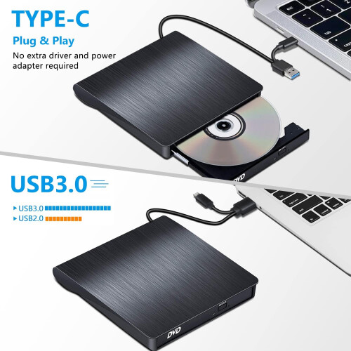 External CD DVD Drive USB 3.0 TypeC, CD DVD Burner Portable for Laptop Desktop Windows Mac 1