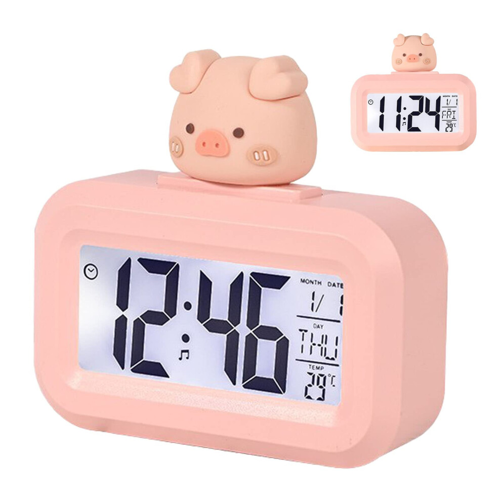 Cute Cartoon Led Desktop Electronic Alarm Clock Calendar Thermometer ( Piggy) Pink