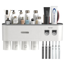 Automatic Toothpaste Dispenser, Wall Mounted Toothbrush Holder with Multifunctional Combination for Bathroom, Non-marking Adhesive Strip for Easy