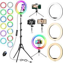 Anillo de luz RGB con modo de ritmo musical y cierres de palanca rápidos, soporte ajustable para teléfono para TikTok/maquillaje/fotografía.