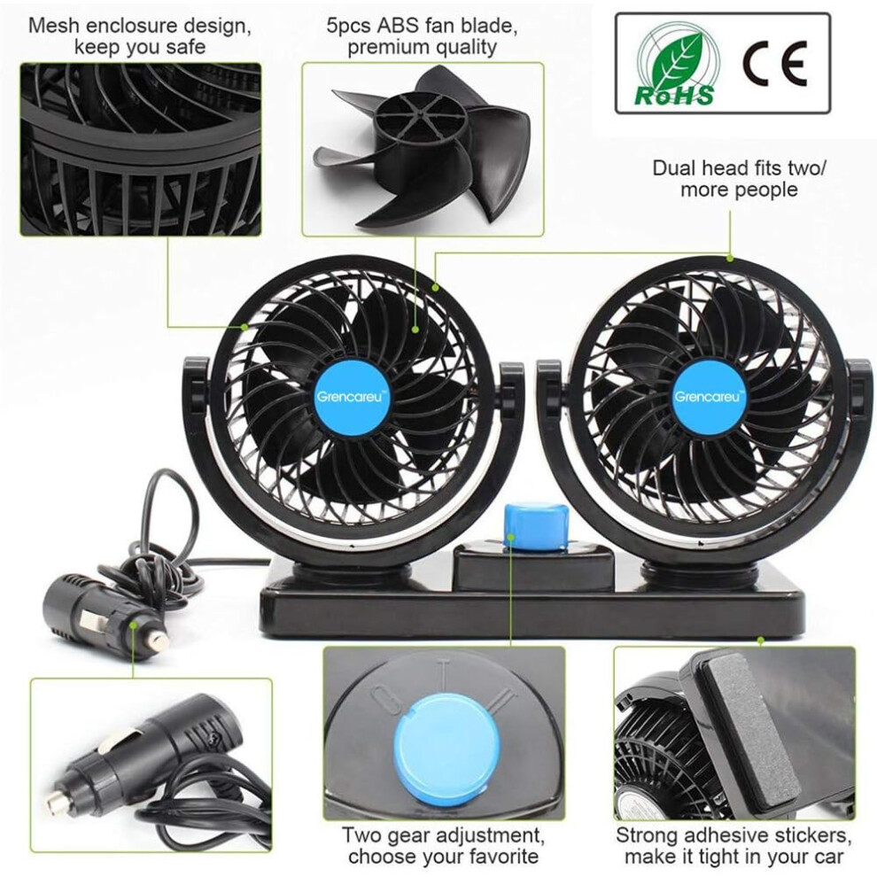 Dual Head Car Fan, Rapid Air Cooling System With 360 Degree Rotation And Quiet Operation For Cars, Trucks, Rvs And Suv's (Cable Length: 70 Inch) 9128293449205
