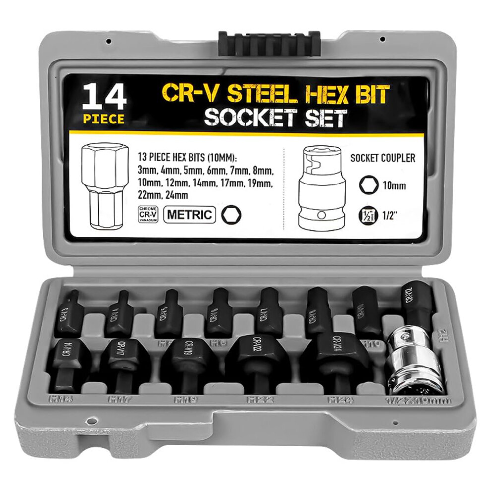 Kosingna 14Piece 1/2In Hex Bit Socket Set For Electric Wrench, Ratchet Wrench Hex Bits, Car Tools Kit 9187378554982