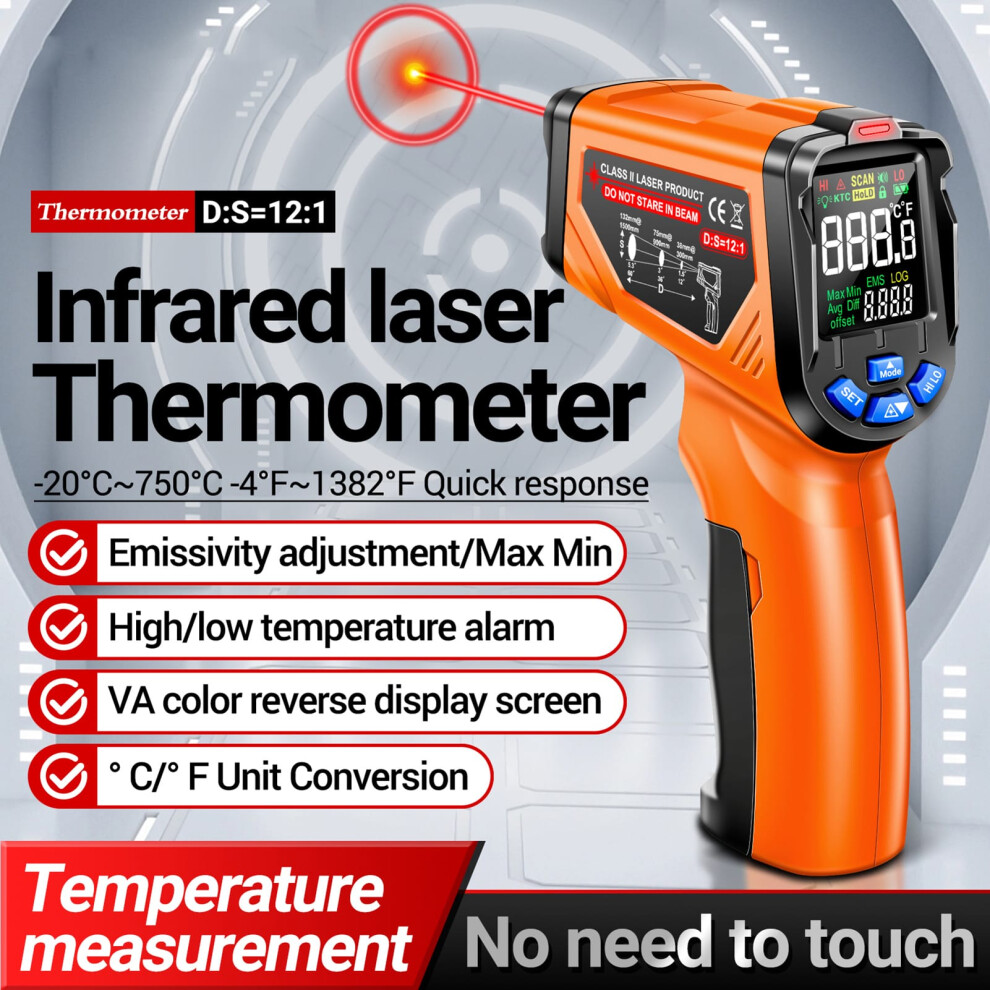 Aneng Th06 Infrared Laser Thermometer -20~750/0.1~1.00 Adjustable, Black Or Orange 8761368850691