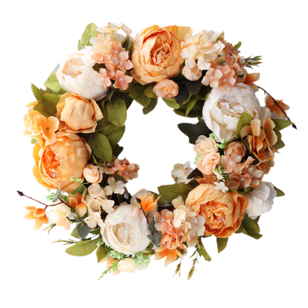 Handmade Artificial Wreath, Realistic Color Wreath with Orange and White Peonies, Green Leaves Wreath for Door Wall or Porch, Multi-function Wreath Fe