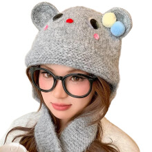 Capuchon doux et épais en tricot ours de dessin animé pour-Gris