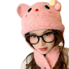 Tête en tricot ours en fourrure, capuche douce et épaisse-Rose