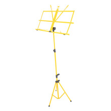 Foldable metal music stand in yellow, heightadjustable, lightweight with nonslip rubber feet.